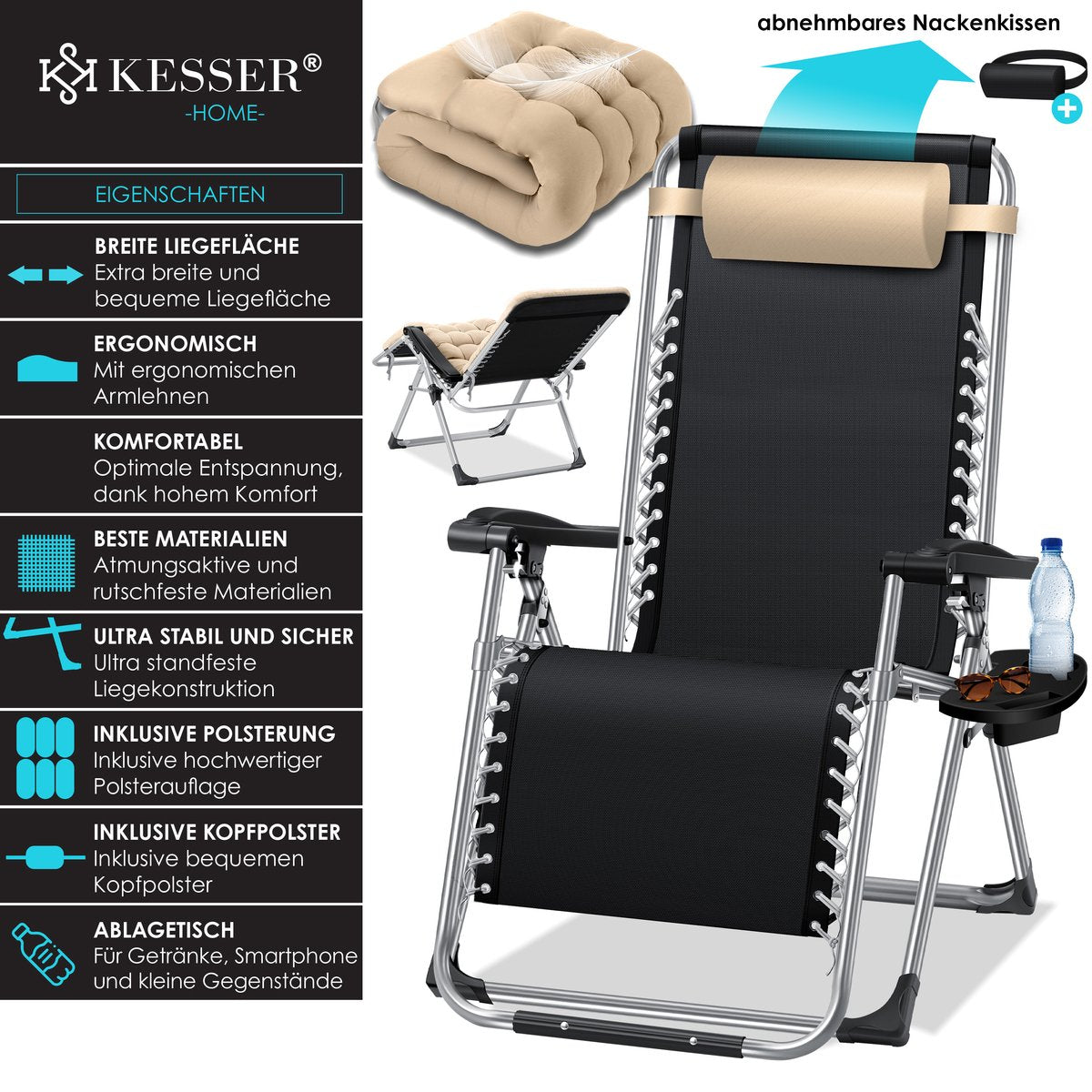 KESSER® Ligstoel Opvouwbaar Met Drinkhouder Tuinstoel Met Kussen, Ligbed, Extra Grote Tuinligstoel, Verstelbare Rugleuning Tuinligstoel Met Kussensteun - Beige