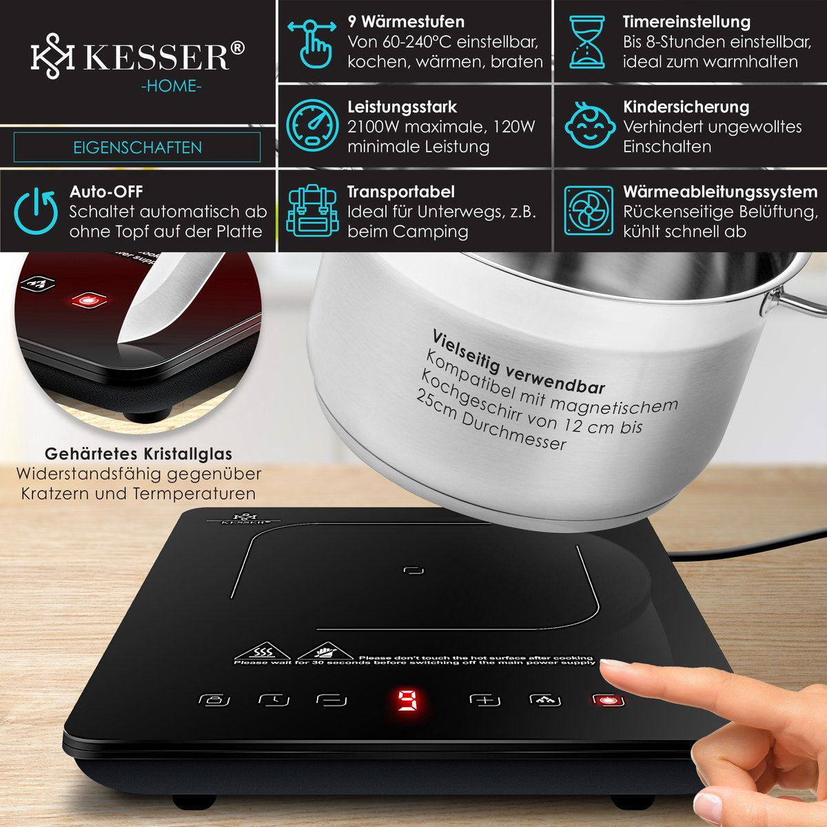 KESSER® Inductie Kookplaat - 2100W - 28cm - Zwart