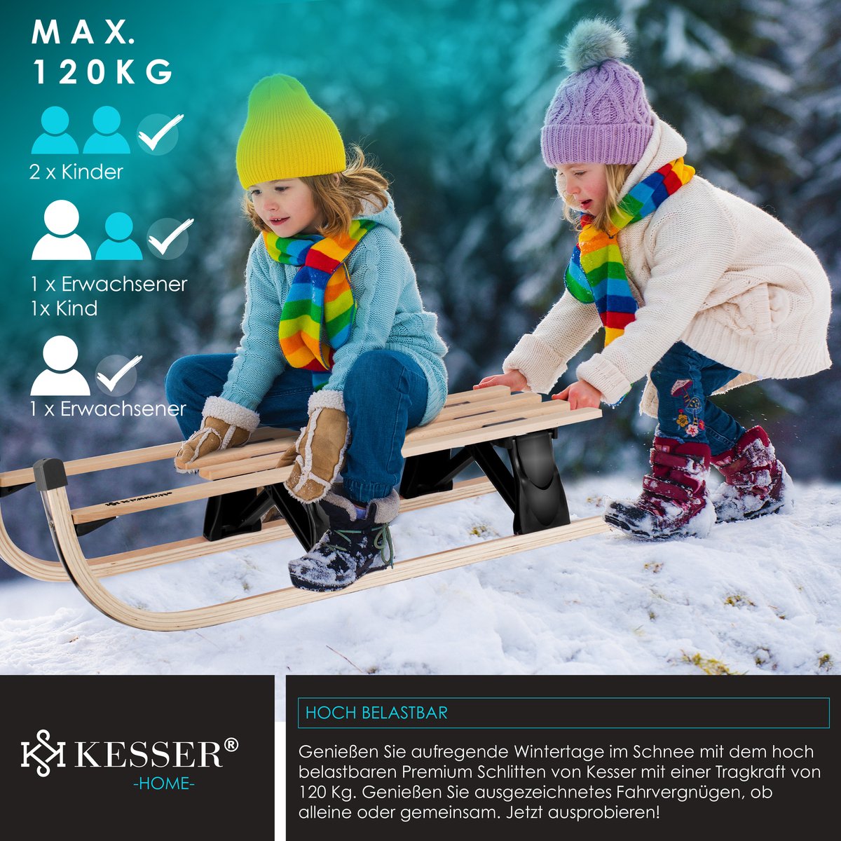 KESSER® Houten slee Premium slee Opvouwbare kinderslee van beukenhout incl. trektouw Slider Metalen lopers - Houten slee, Zwart