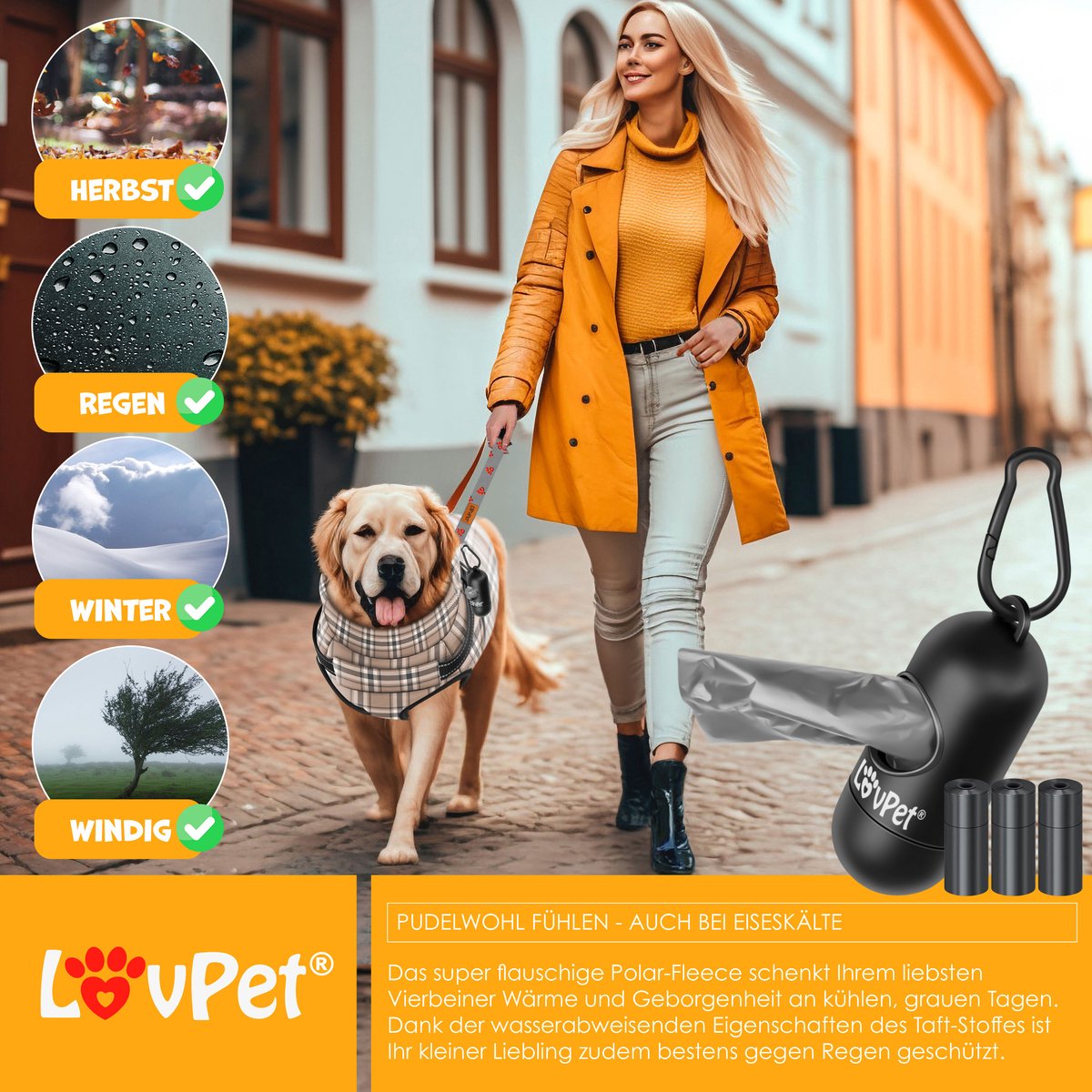 LOVPET® Hondenjas Hondenvacht met Harnas Waterafstotend, incl. 45 Stuks Poepzak + Dispenser, Winter Vest Hond Waterdicht Gevoerd, Gewatteerd Vest Met Borstband, Reflectoren, D-Ring - Beige / XL