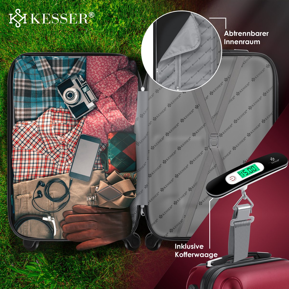 KESSER® 4x Koffer, reiskofferset, trolley koffer, incl. bagageweegschaal + bagagelabel rollend kofferslot, 4 wielen ABS, harde schaal telescoopgreep S-M-L-XL - Bordeaux