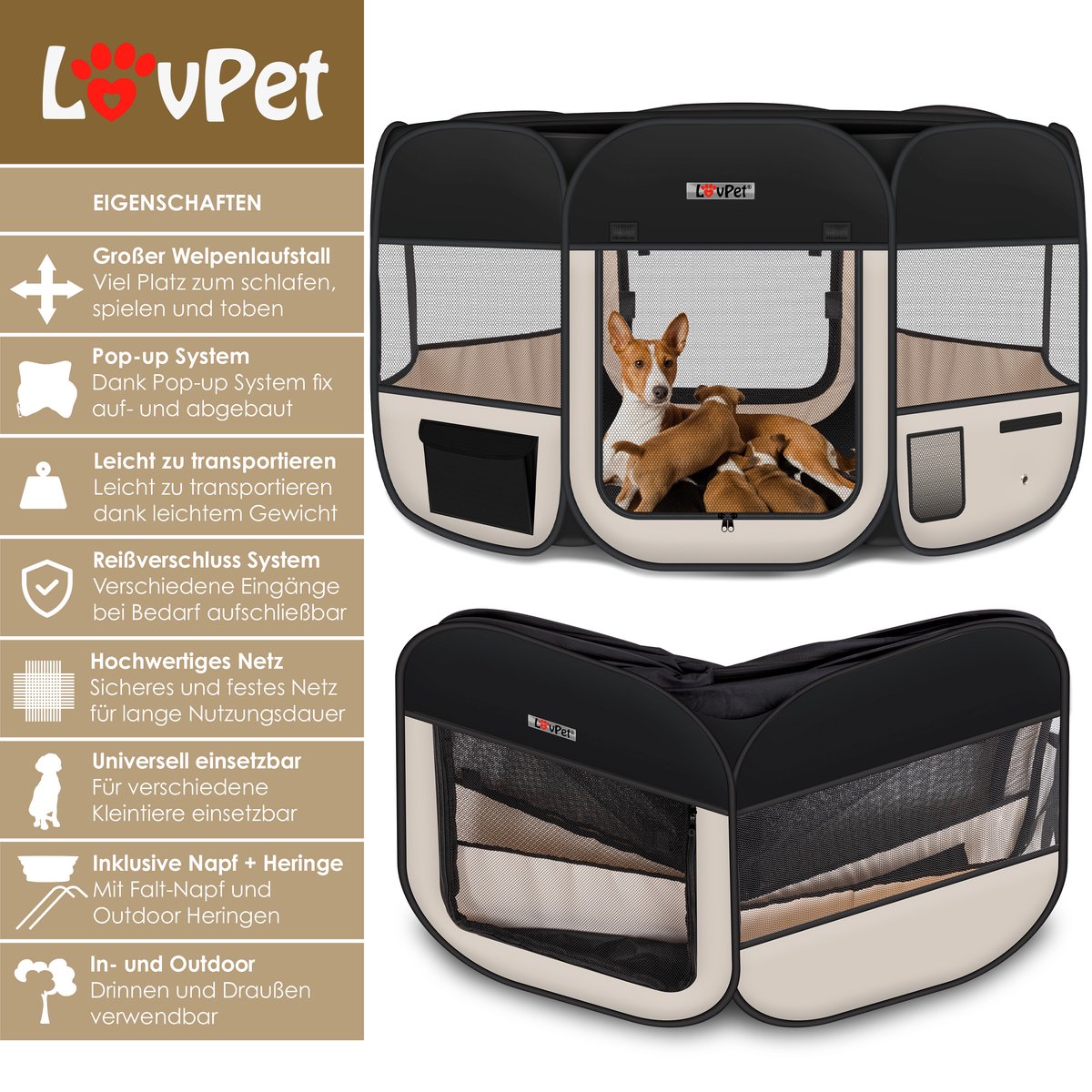 LOVPET® Puppyren voor Kleine Dieren Honden Katten - Opvouwbaar Hondenren inclusief kom en Haringen - Puppy Ren Pop-up Systeem Indoor & Outdoor Konijnenren - Beige