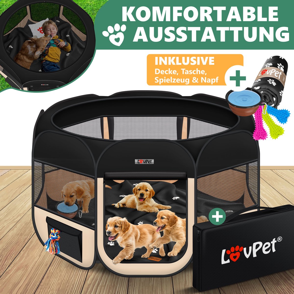 LOVPET® Puppyren voor Kleine Dieren Honden Katten - Opvouwbaar Hondenren inclusief kom en Haringen - Puppy Ren Pop-up Systeem Indoor & Outdoor Konijnenren - Beige