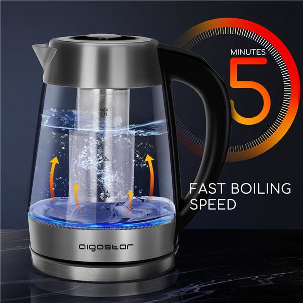 Aigostar Cris 30OSU - Glazen waterkoker met LED en theefilter - RVS - zwart