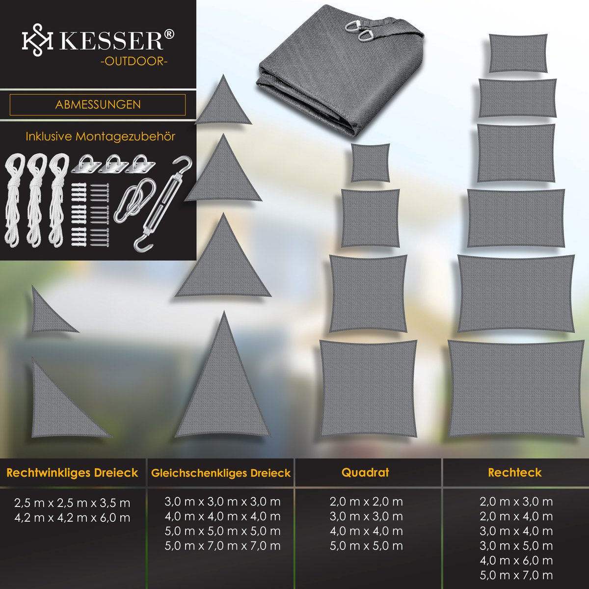 KESSER® Schaduwdoek 4.2x4.2x6m - Zonnezeil - Driehoek - Waterafstotend - Grijs