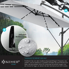 KESSER® Zweefparasol met voet - LED - Ø2.5m - 360° Draaibaar  - Lichtgrijs