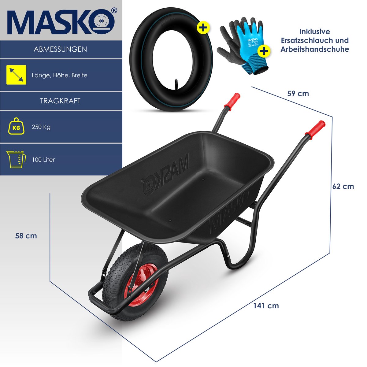 MASKO® Kruiwagen - 100L - Tot 250kg - Zwart