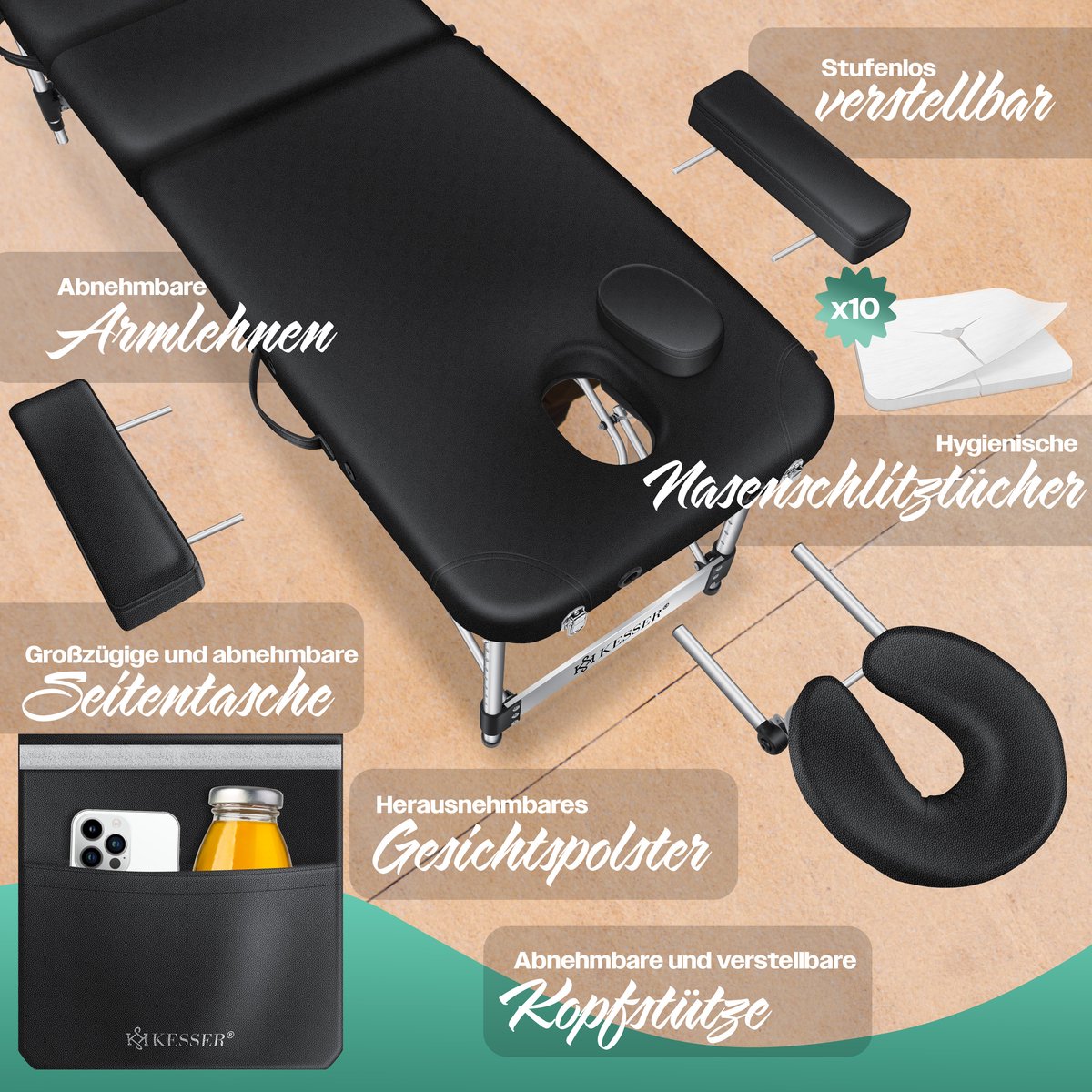 KESSER® Massagetafel inklapbaar - Tot 225kg - Verstelbaar - Zwart