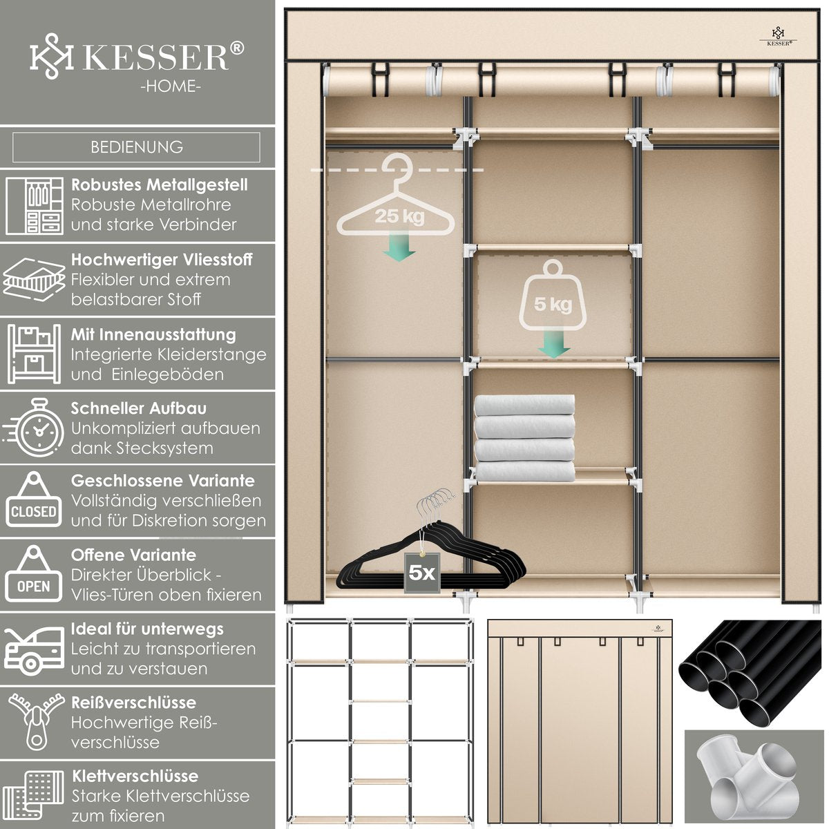 KESSER® Kledingkast in Stof en Metaal 150x45x175cm - opvouwbaare Garderobekast Stabiel met Kledingstang & Planken, Inclusief 5x Kledinghangers Kleerkast - Legplank Kast voor Slaapkamer met Kledingrek - Beige