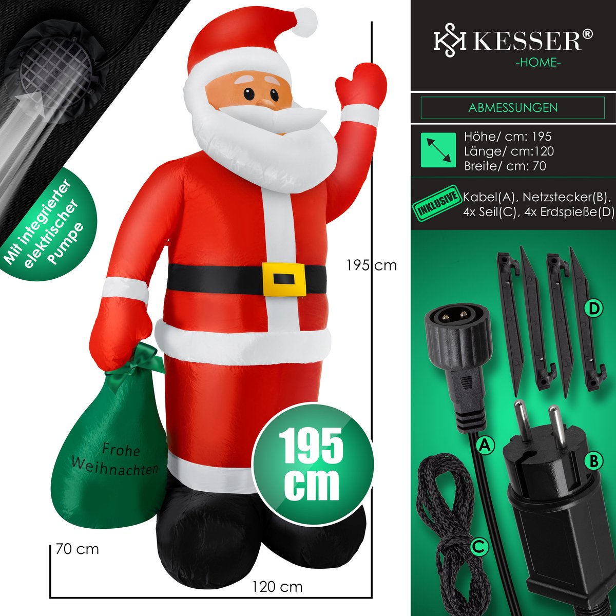 KESSER® XXL Opblaasbare Kerstman LED Verlicht - Kerstverlichting, kerstdecoratie, Kerstversiering, kerstman pop met bevestigingsmateriaal, weerbestendig IP44 - 195cm