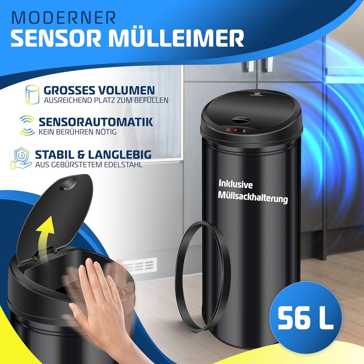KESSER® Sensor Prullenbak - Afvalbak - Vuilnisbak - 56L - Zwart