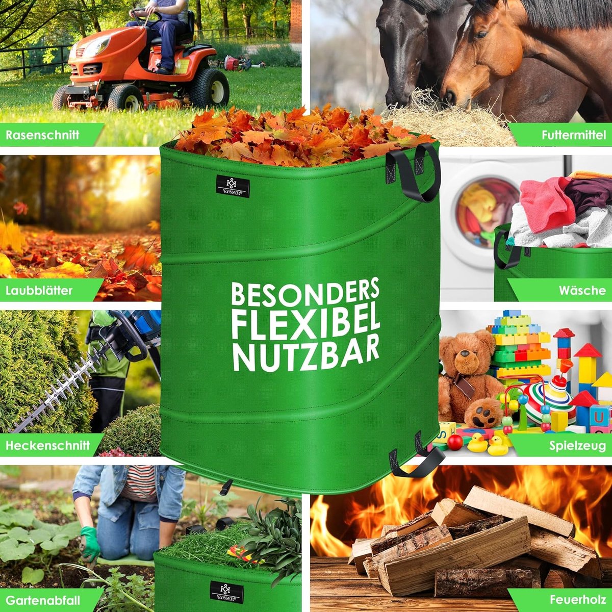 KESSER® Pop-up-tuinzak, 219 liter, inclusief handschoenen, zelfstaand met handgrepen, stabiel, robuust en opvouwbaar, voor het snijden van gazon, tuinzakken voor tuinafval, groen snijden