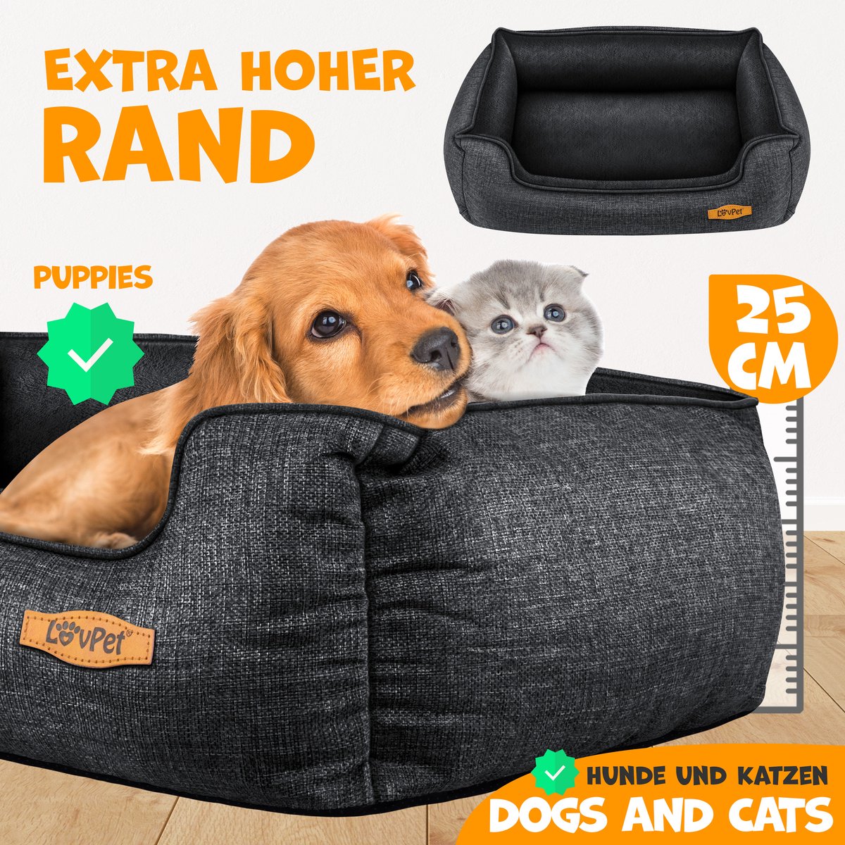 LovPet® Hondenbed Hondenkussen Hondenmand Chiller, Incl. Kom + 3X Kauwbotten, Hondenbankkussen voor Kleine, Middelgrote & Grote Honden, Hoes Afneembaar en Wasbaar - M (70 x 55 x 21 cm), Antraciet