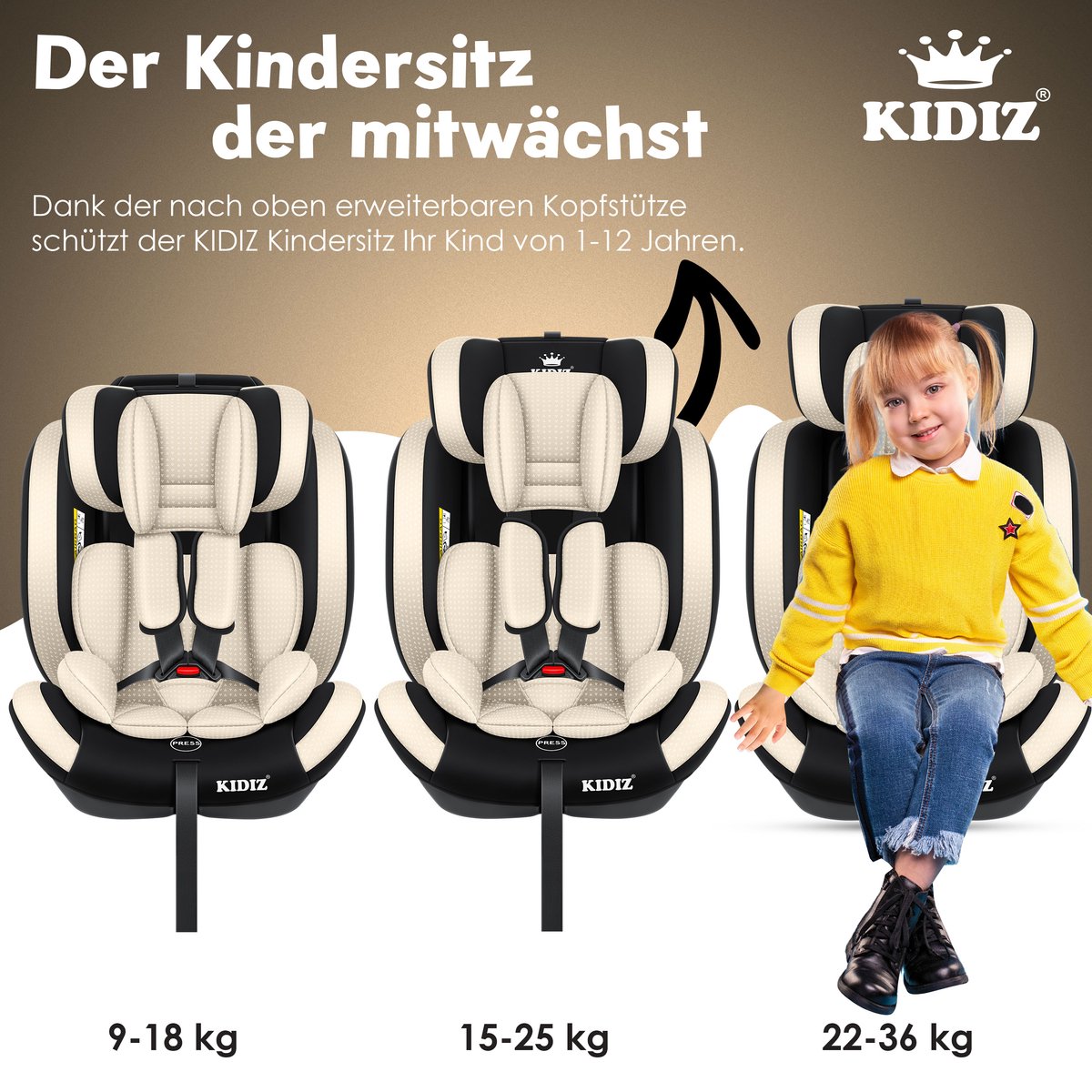 KIDIZ® Autostoeltje - 5-punts veiligheidsgordel - Beige