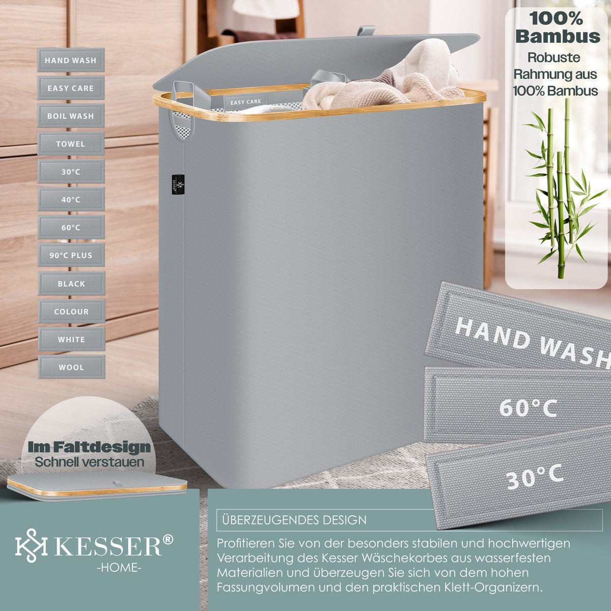 KESSER® Wasmand met Deksel - 3 Waszakken - 170 Liter - Grijs