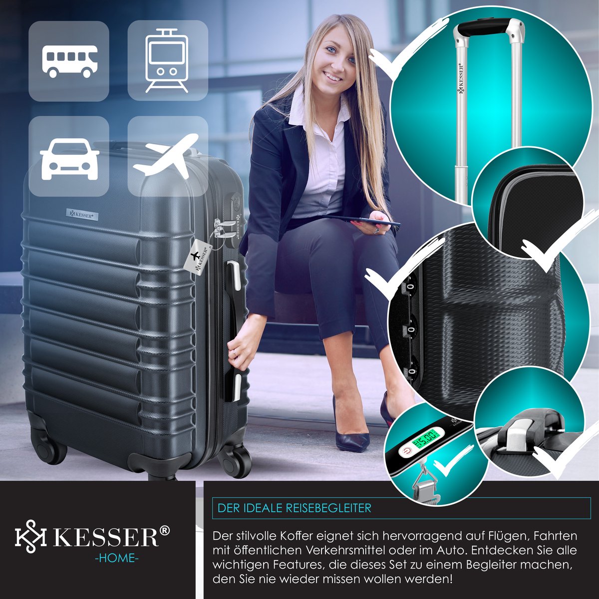 KESSER® Reiskoffer - 55L - Handbagage - ABS - Antraciet