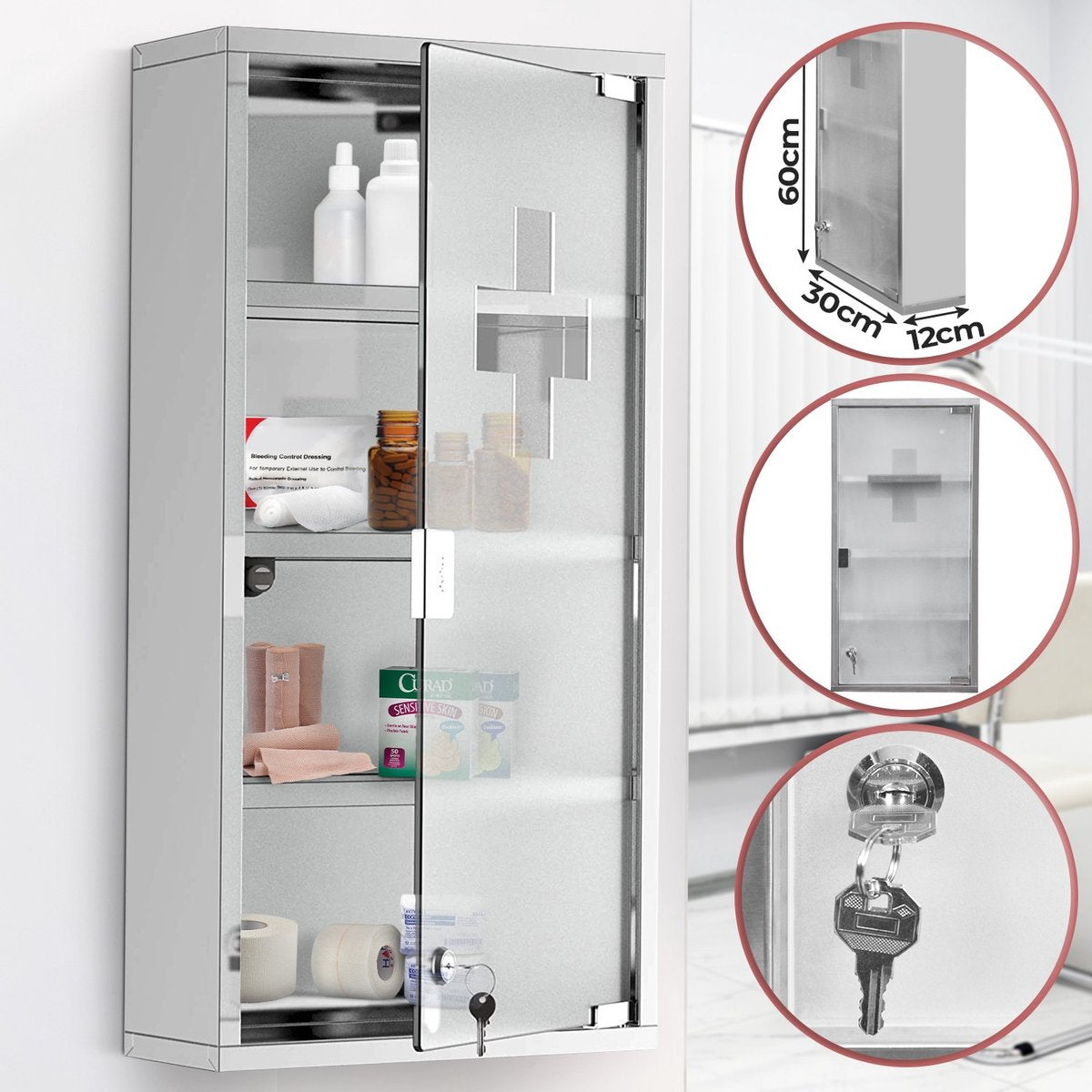 Jago® Medicijnkastje - met slot - 60x30x12 cm - Zilver