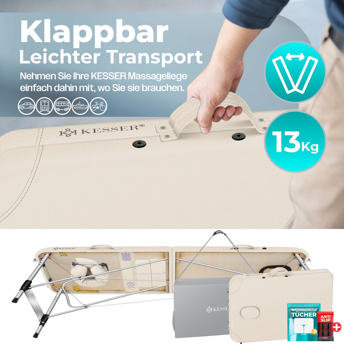 KESSER® Massagetafel inklapbaar 180x61x90cm | Behandeltafel 225kg Draagvermogen & In Hoogte Verstelbaar | Mobiele Massagebank 3-Zone | Aluminium Massagebed met Hoofdsteunen Armsteunen & opbergtas - Beige