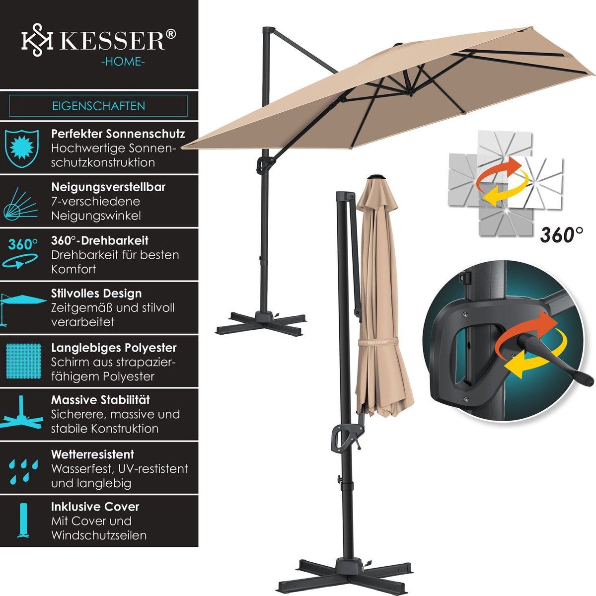 KESSER® Parasol Zwenkparasol SUN XL 300 x 300 cm incl. hoes + windbescherming draaibaar kantelbaar marktparasol groot 360° draaibaar tuinparasol met zwengel zonwering UV50+