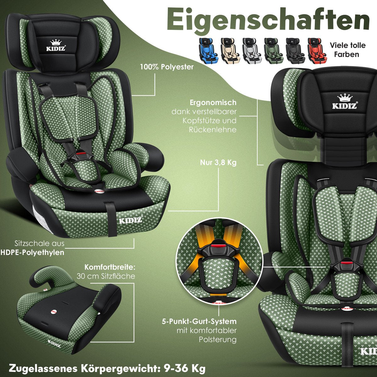 KIDIZ® Autostoeltje - 5-punts veiligheidsgordel - Groen