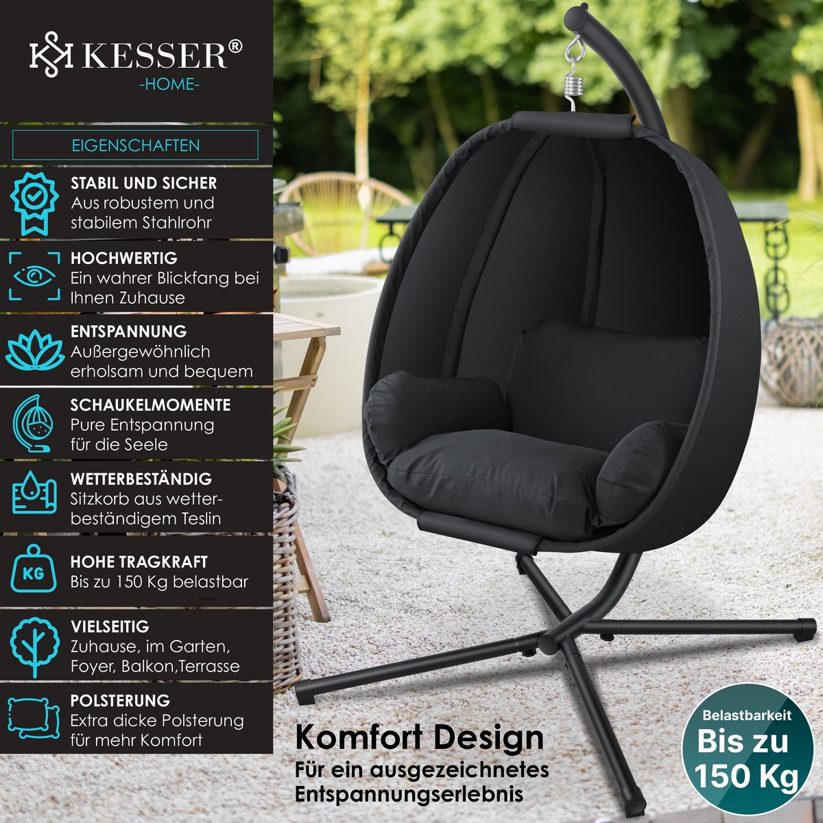 KESSER® Egg Hangstoel met Standaard - Tot 150kg - Antraciet