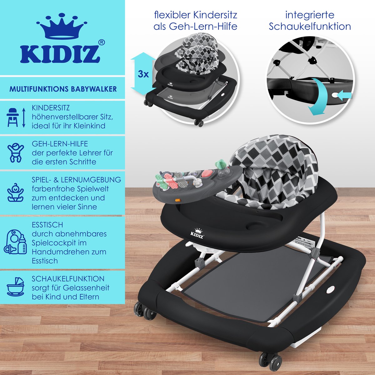 KIDIZ® 4in1 Baby walker - Loopstoel - Loopwagen - Opvouwbaar - Zwart