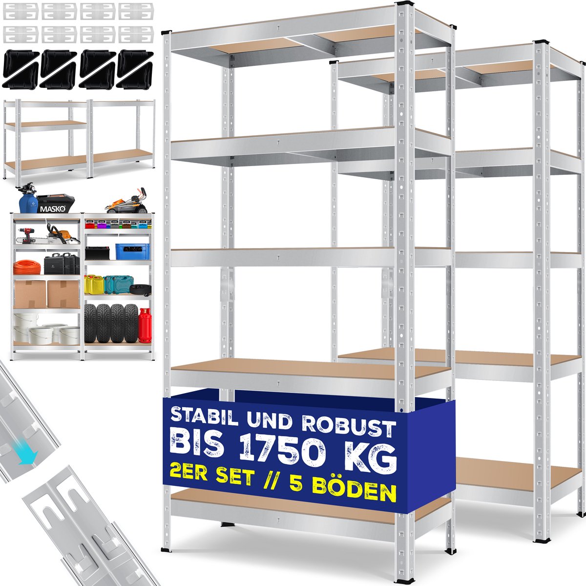 MASKO® Opbergrek - Stellingkasten - Set van 2 - Tot 875kg - Zilver •