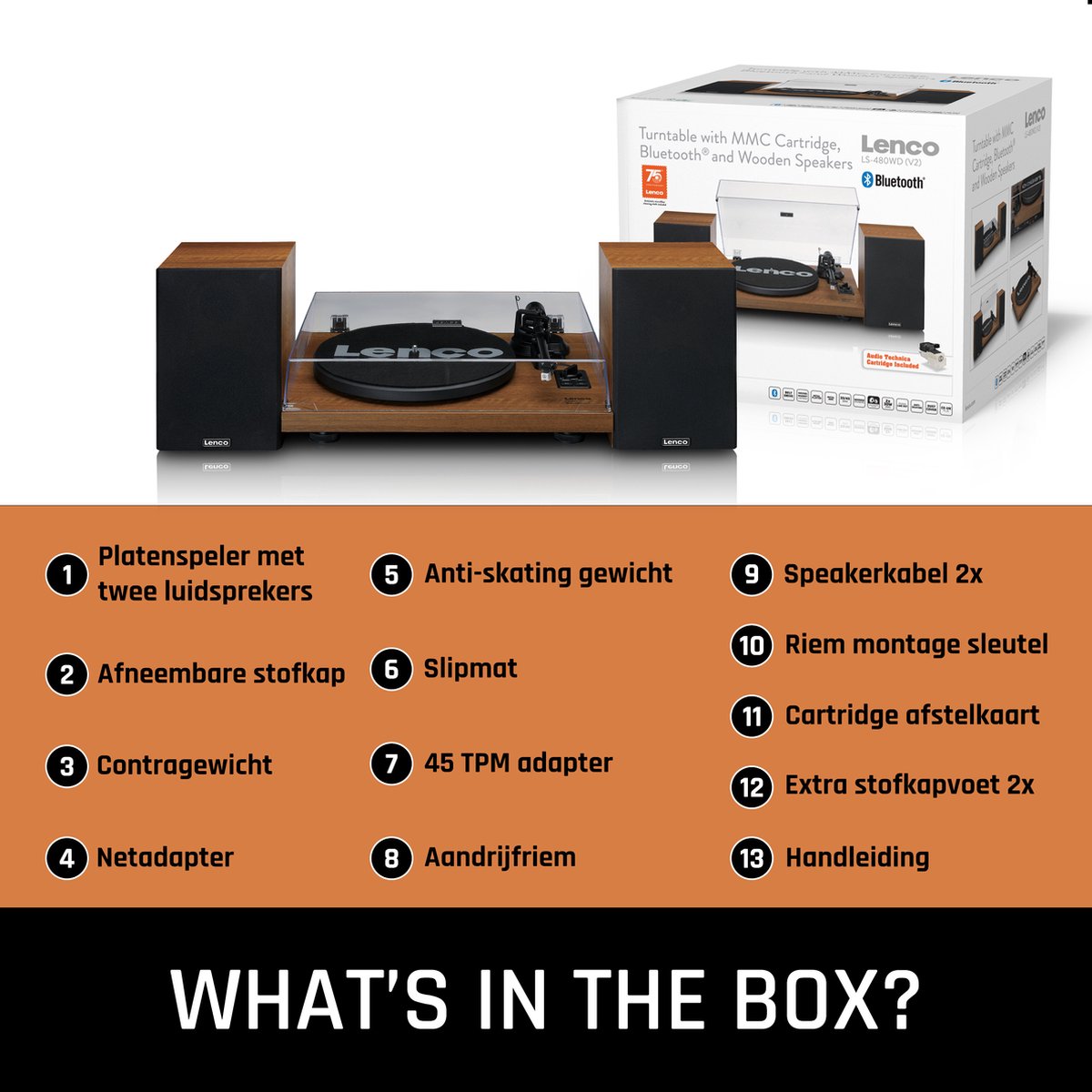 Lenco Platenspeler met Bluetooth - Twee externe Speakers - Ingebouwde Versterker - LS-480WD - Hout
