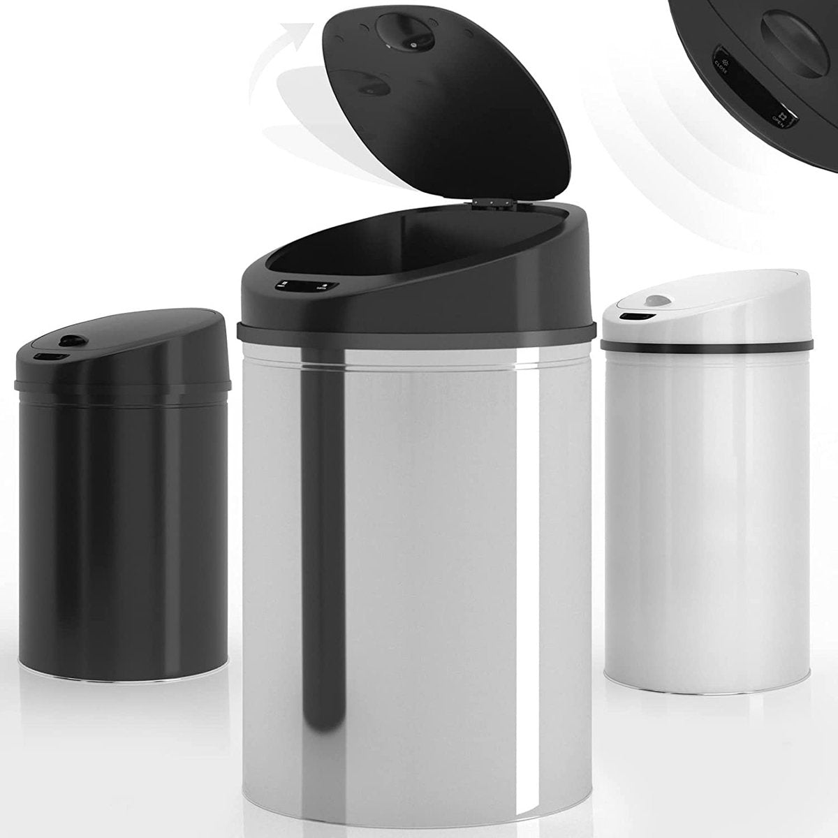 Vuilnisbak / Afvalbak met sensor - 30L - RVS - waterproof - rond met klemring - Zilver