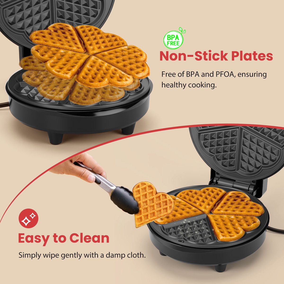 Aigostar Wafelijzer hartvorm- Met Regelbare Temperatuur - 1000W - Zwart - RVS - Crunchy