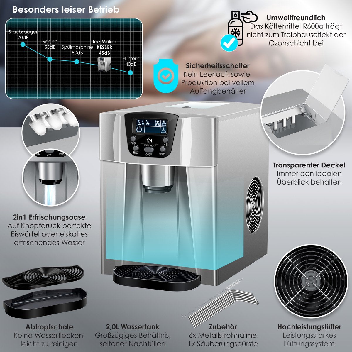 IJsblokjesmachine – 12kg/24 uur – IJsmachine - IJsblokjesmaker - Grijs - KESSER®