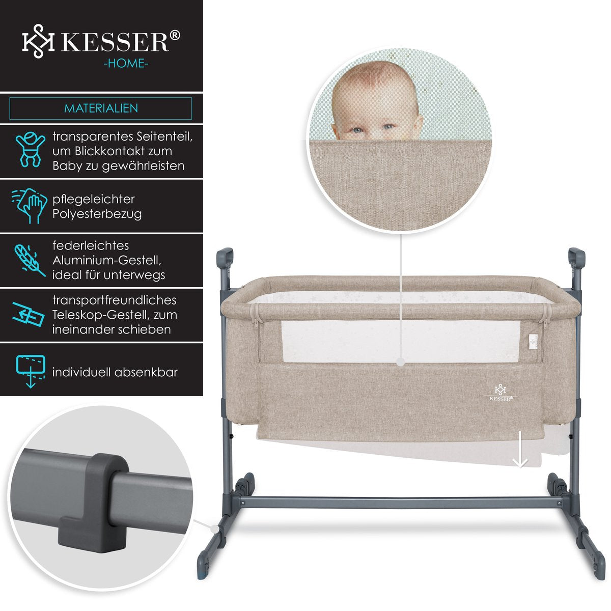 KESSER® 3in1 Ledikant - Babybed - Verstelbaar - Inklapbaar - Beige