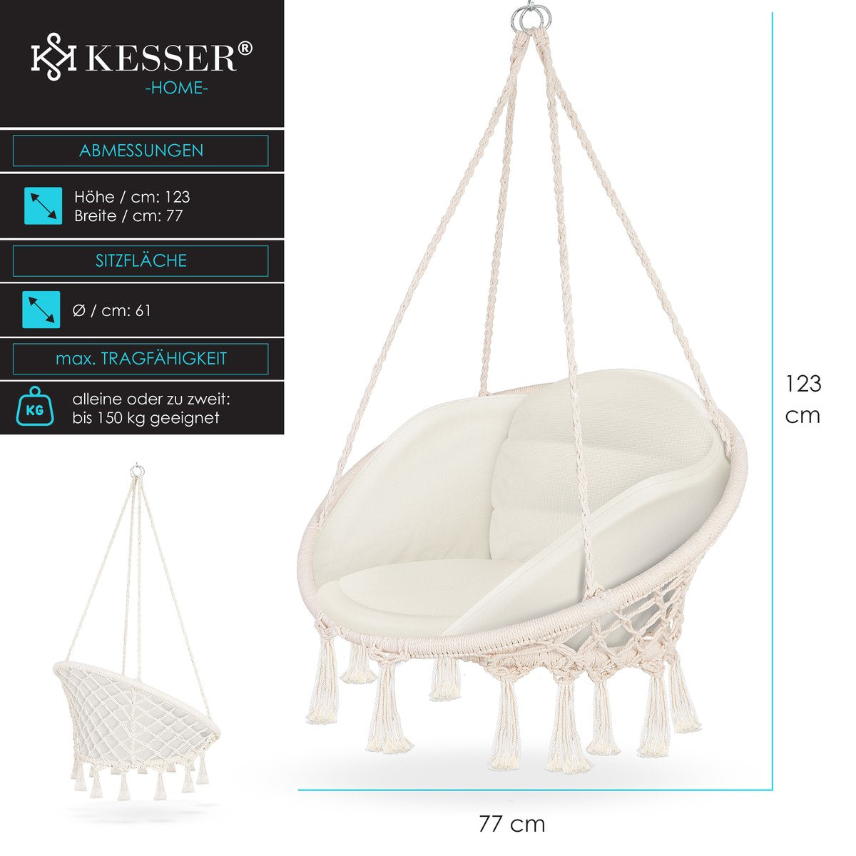 KESSER® Hangstoel Chill met Kussen voor Binnen en Buiten tot 150 kg - Beige