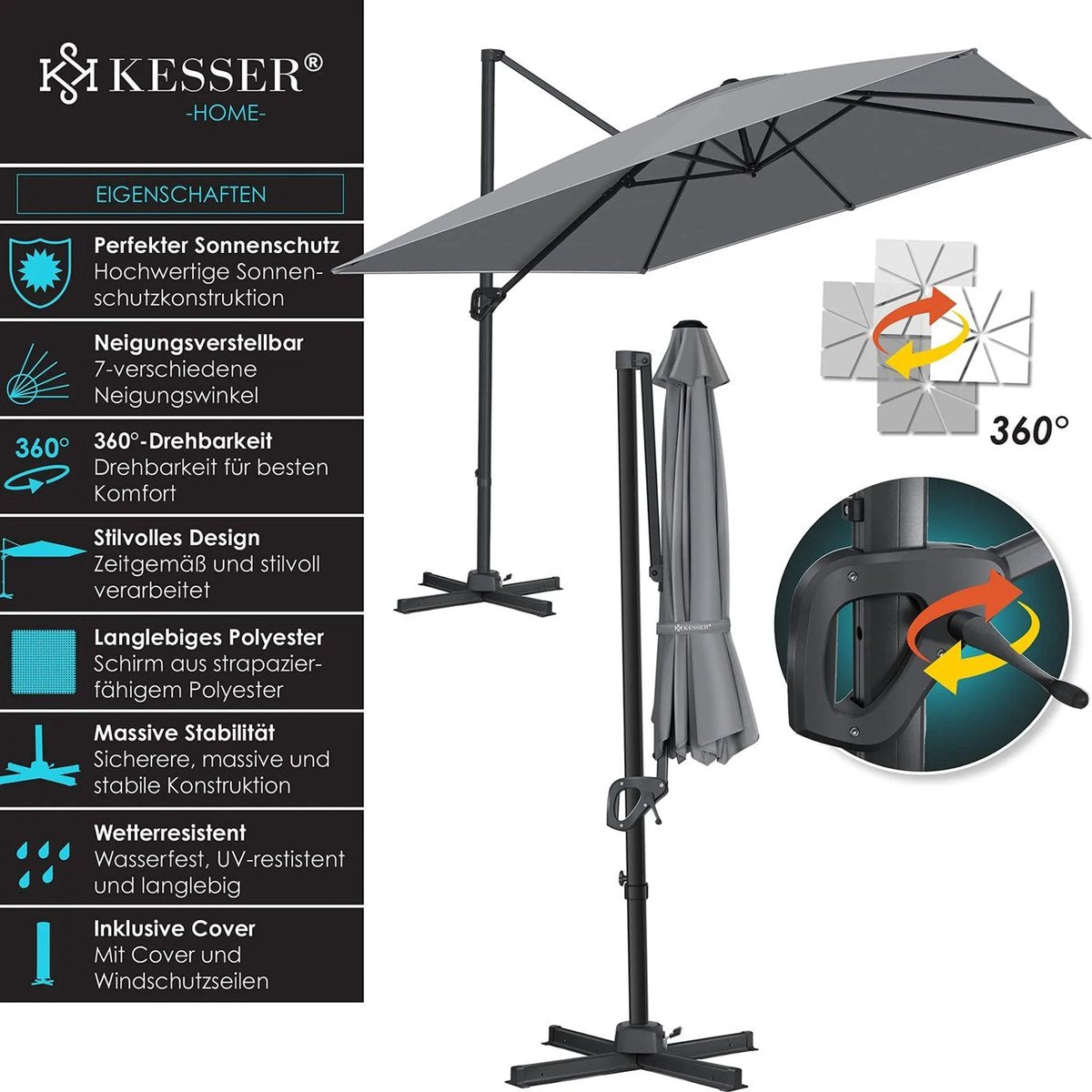 KESSER® Parasol Zwenkparasol SUN XL 300 x 300 cm incl. hoes + windbescherming draaibaar kantelbaar marktparasol groot 360° draaibaar tuinparasol met zwengel zonwering UV50+ De productbeoordeling is 4,5 sterren, gebaseerd op 26 beoordelingen