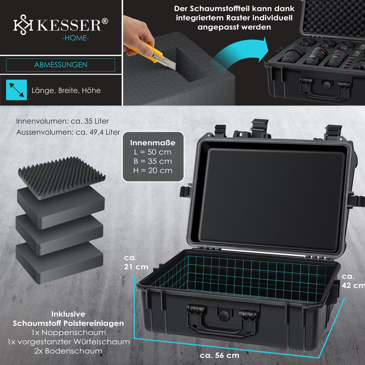 KESSER® Camera Koffer Cameratas Draagtas Beschermtas schuimrubber plukschuim - L
