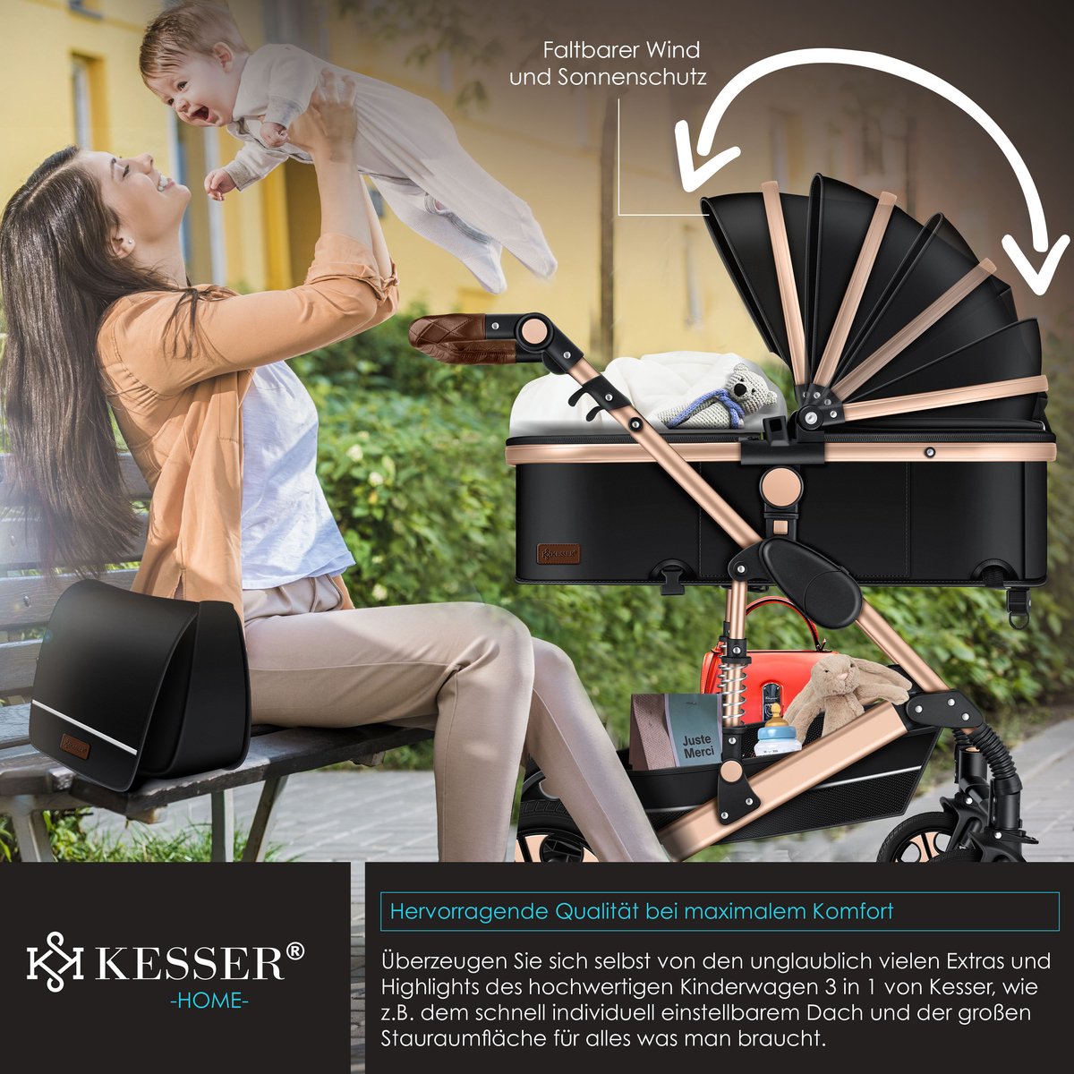 Kinderwagen 3 in 1 - Buggy - Wandelwagen - Kinderbuggy - Champagne - KESSER®