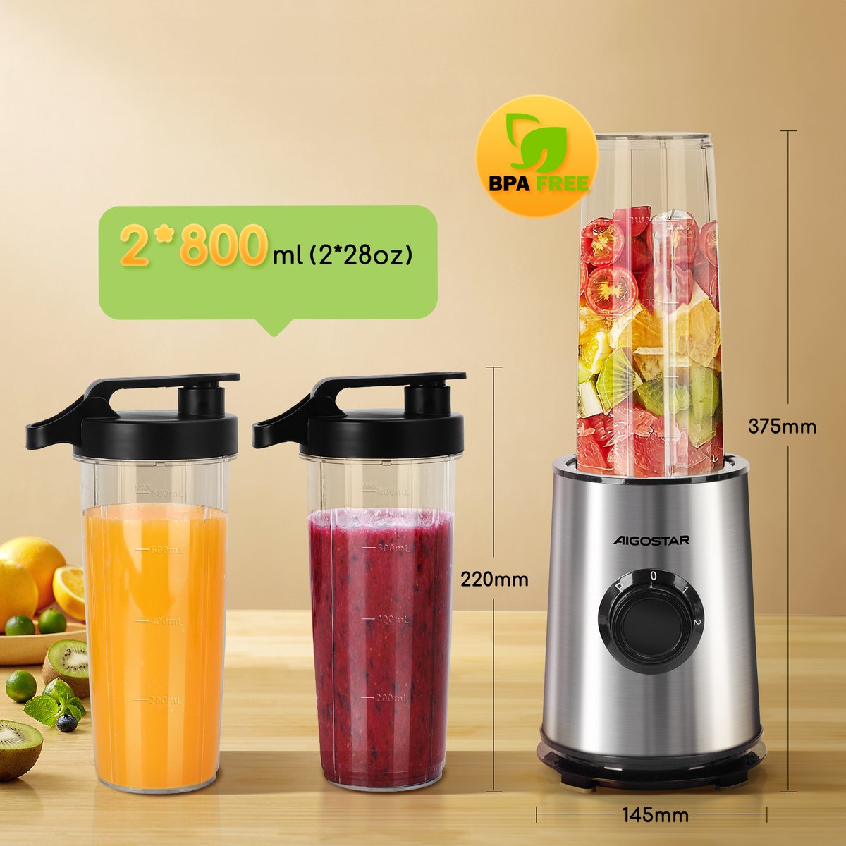 Aigostar Blender - Smoothie Maker - 2 Drinkbekers - 800ml