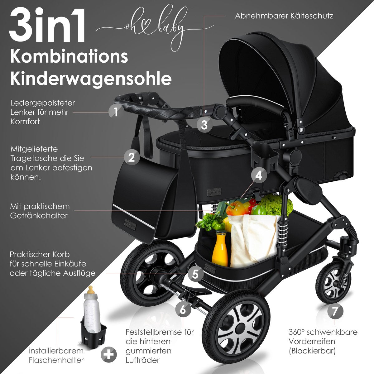 Kinderwagen 3 in 1 - Buggy - Wandelwagen - Kinderbuggy - Zwart - KESSER®