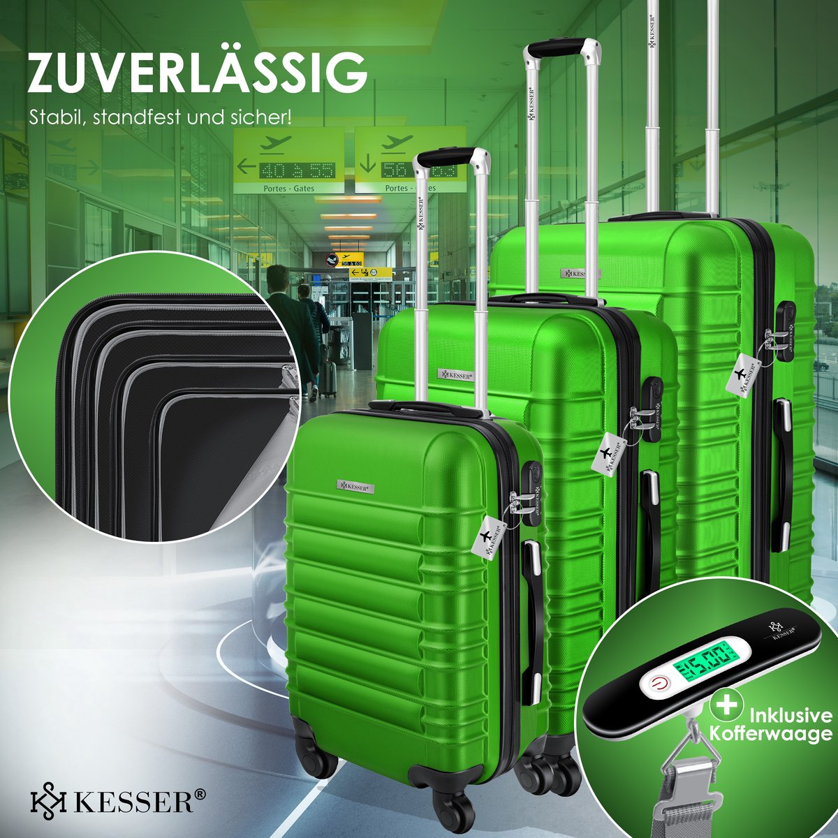 Kofferset - 3 delig - Trolley - Reiskofferset - Groen - KESSER® •