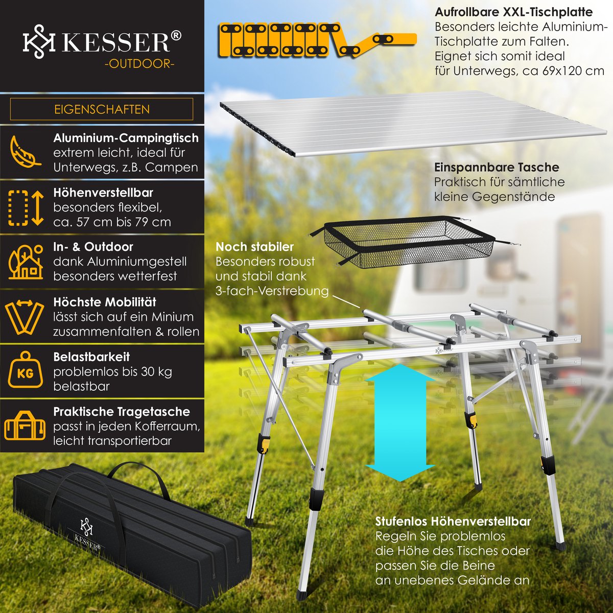 KESSER® Campingtafel inklapbare Tafel - Vouwtafel voor Buiten en Camping 120 x 70 cm - Zilver •