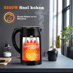 Waterkoker - met LED - Elektrisch - 1.5L - 2200W - Zwart