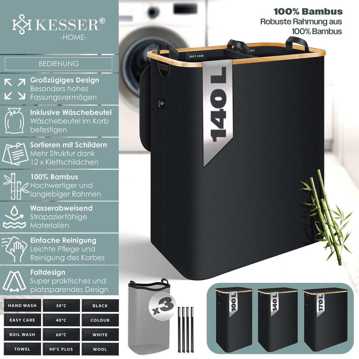 KESSER® Wasmand met Deksel - Opvouwbare Wasbox - Wassorteerder met Uitneembare 3x Waszakken inclusief wasinstructies - Zwart, 140 liter