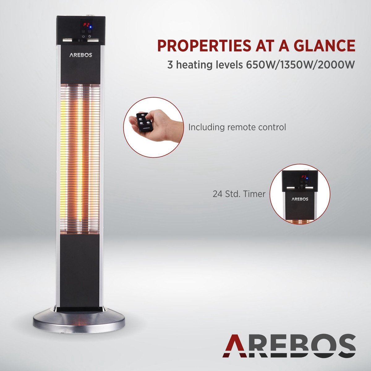 AREBOS Infrarood Verwarming - 2000W - Infrarood Kachel - Terrasverwarmer - Zilver