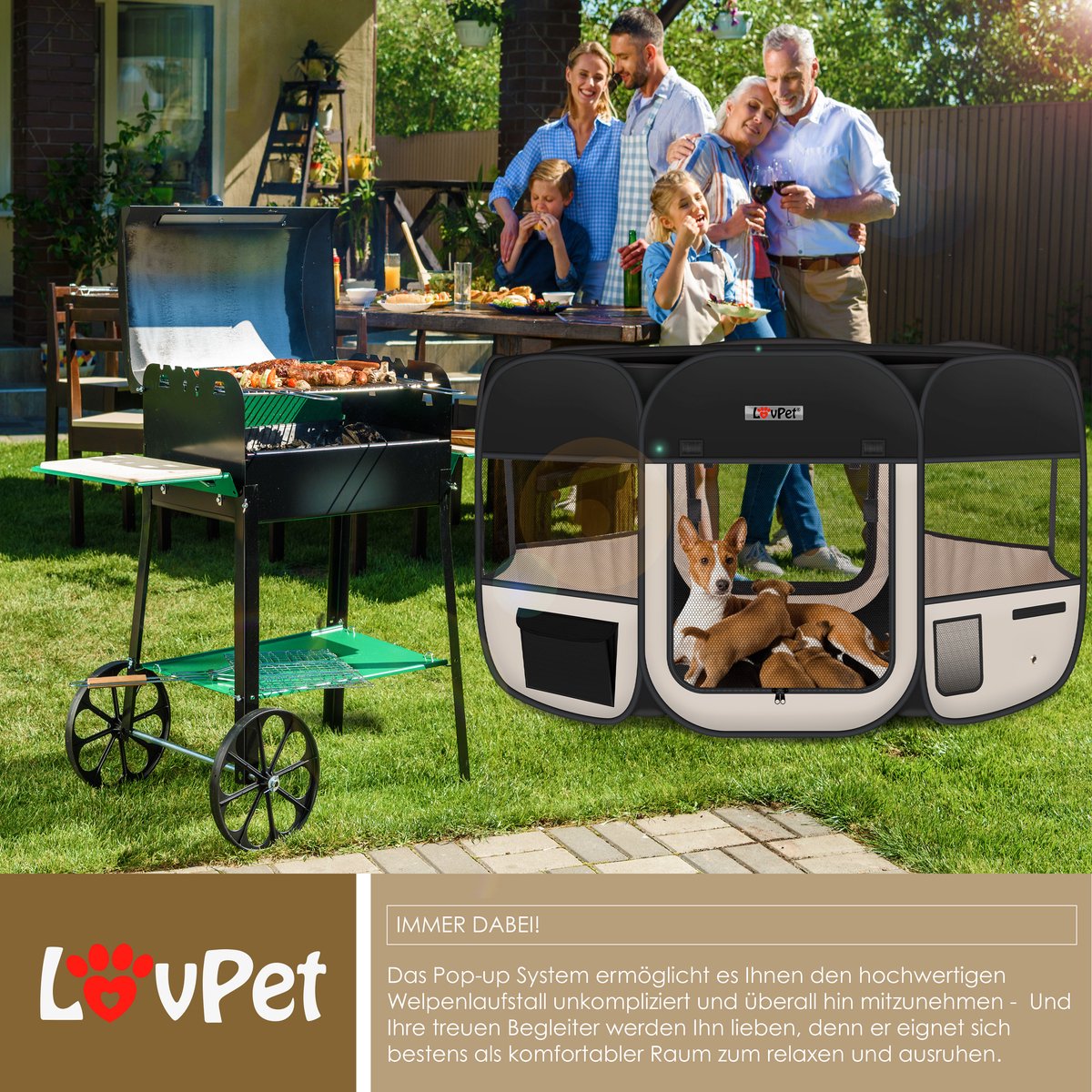 LOVPET® Puppyren voor Kleine Dieren Honden Katten - Opvouwbaar Hondenren inclusief kom en Haringen - Puppy Ren Pop-up Systeem Indoor & Outdoor Konijnenren - Beige
