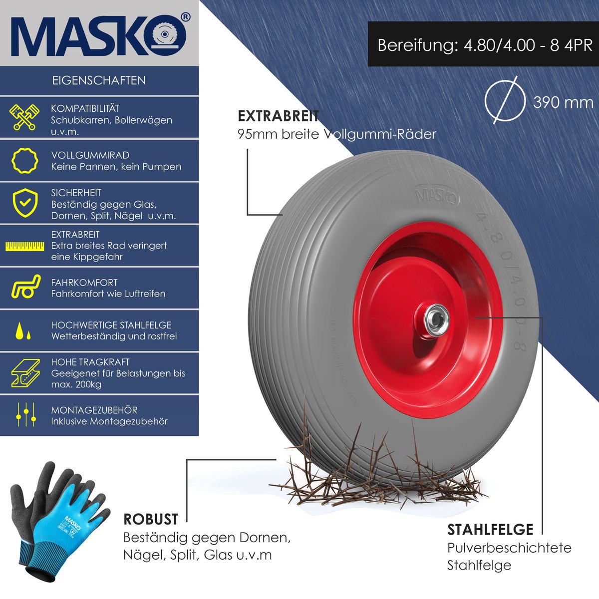 MASKO® Kruiwagenwiel Massief - 4.80/4.00-8 Ø 390mm - Grijs