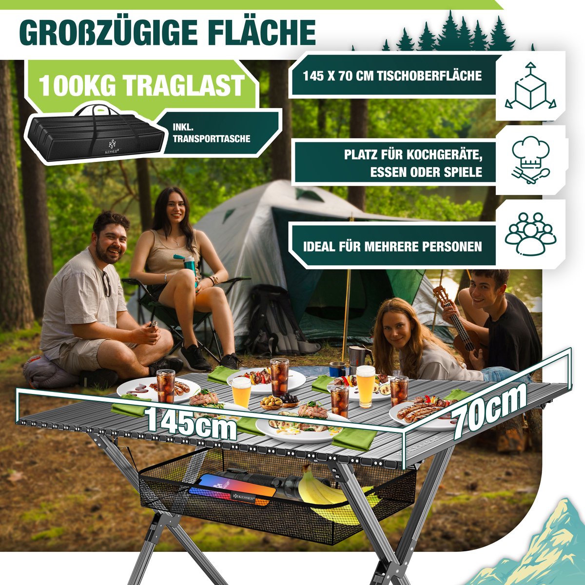 KESSER® Campingtafel Opvouwbaar - Verstelbaar - 145x70 cm - Antraciet •