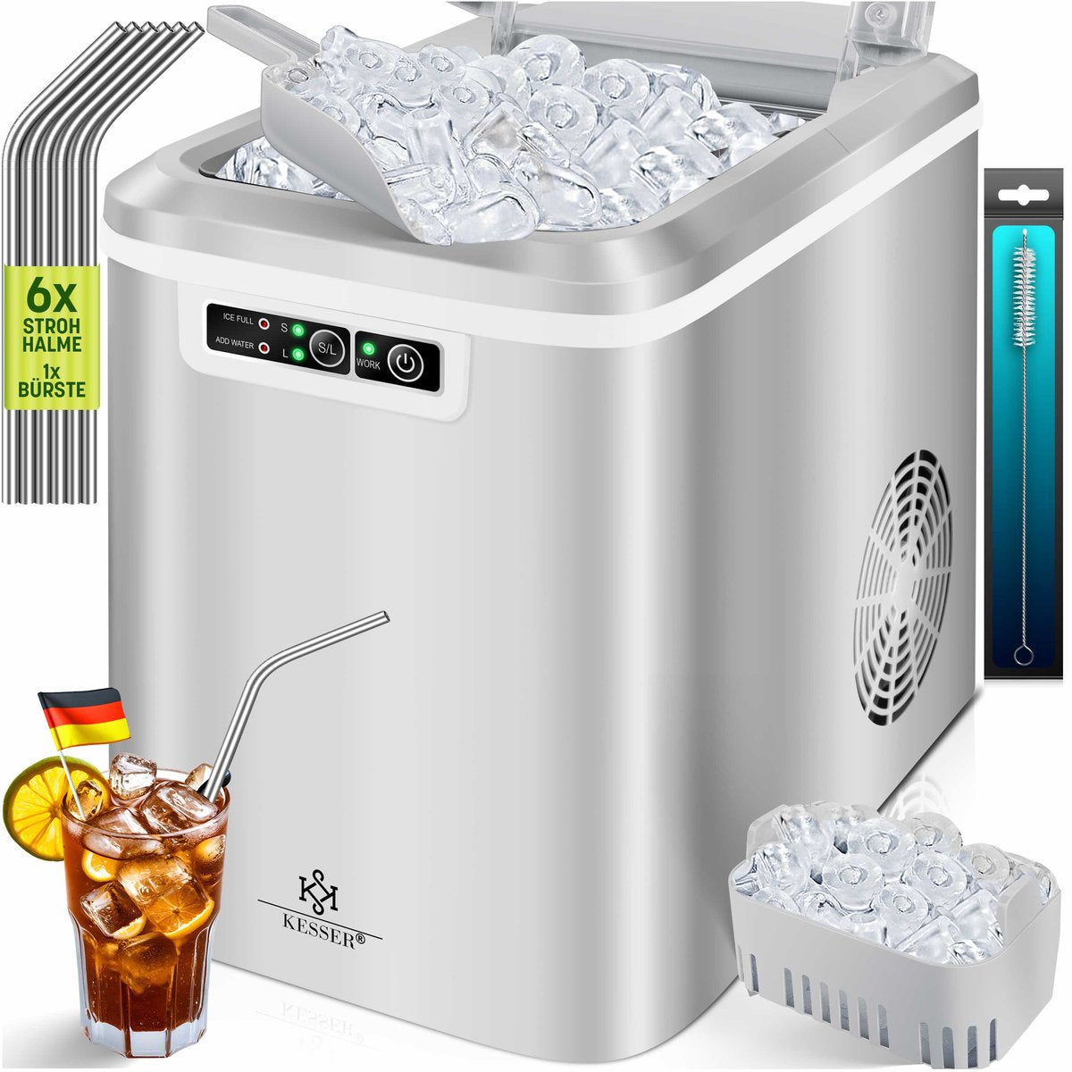KESSER® Ijsblokjesmaker - Ijsblokjesmachine -12kg/24 uur - RVS - Zilver •