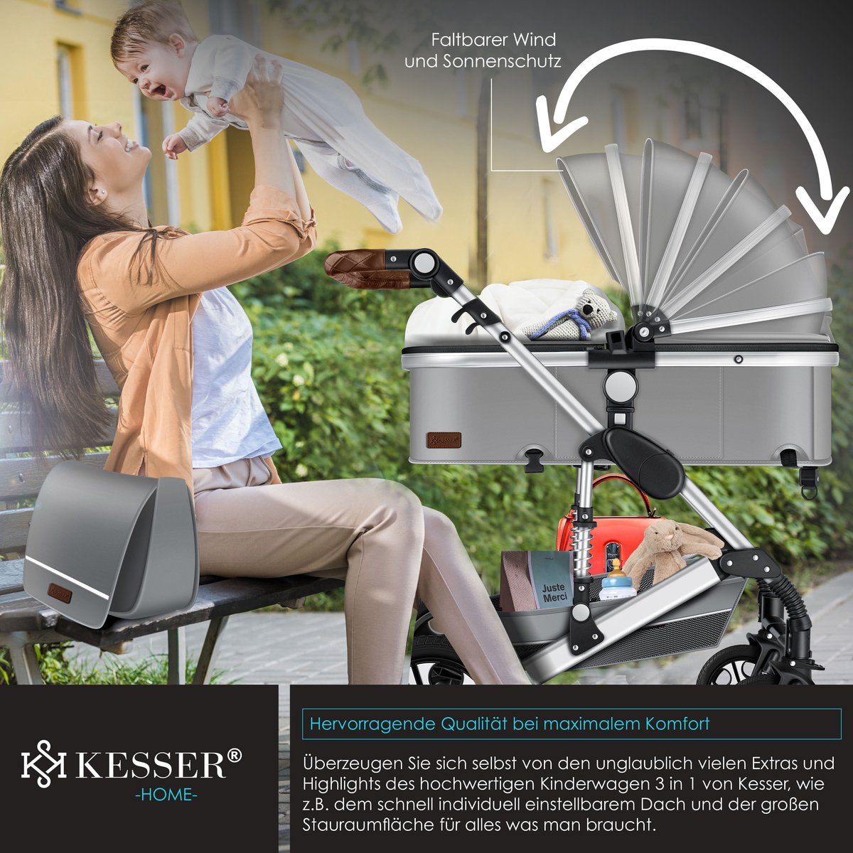 Kinderwagen 3 in 1 - Buggy - Wandelwagen - Kinderbuggy - Grijs - KESSER® •