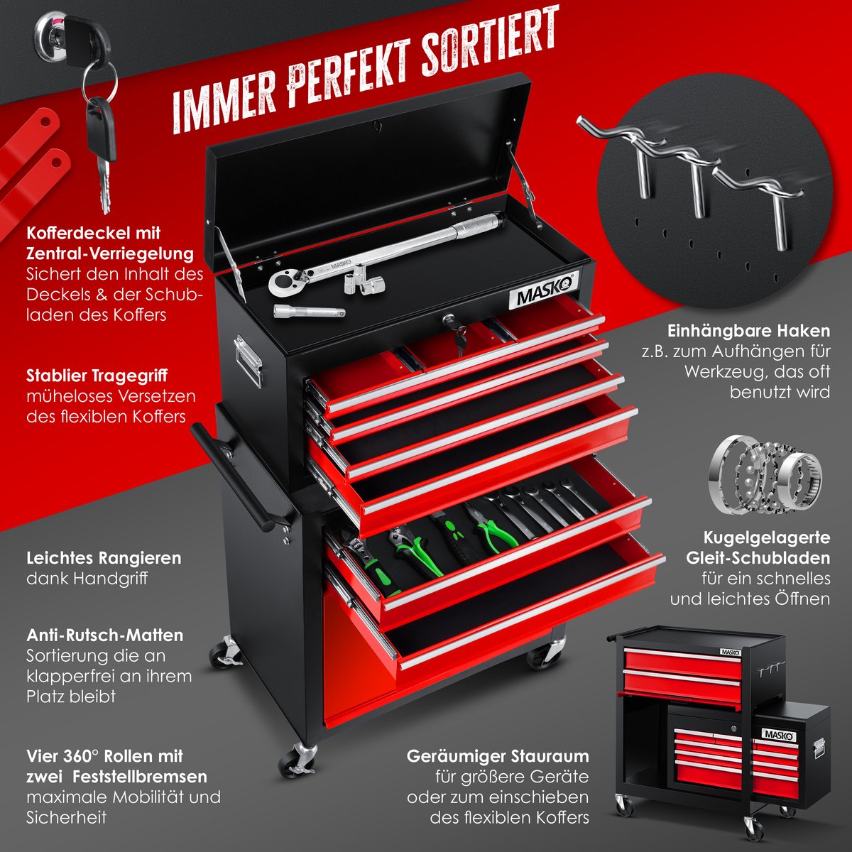 Masko® Werkplaatswagen - Gereedschapswagen - 9 vakken - Rood