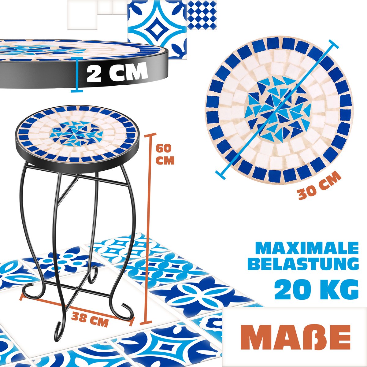 KESSER® Mozaïek Tafel Bistrotafels Bloemkruk Rond 60 x 34 cm Metalen Mozaïek Bijzettafel Balkontafels Patiotafel Balkon Stenen Mozaïek Tuintafel Binnen Buiten - Peripou